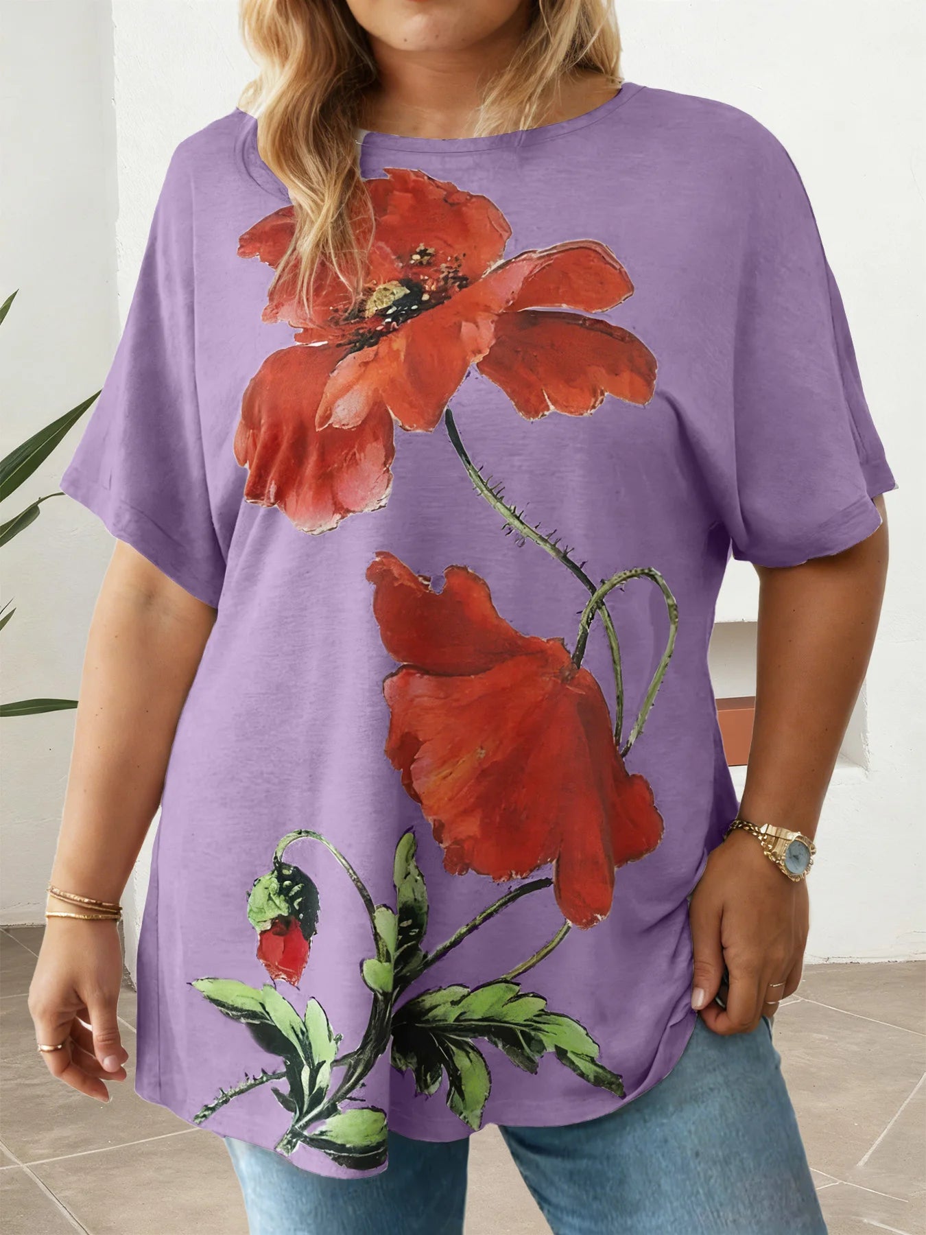 Plus Size Ladies Printed T-Shirt Loose Fit Multi-color Casual Short Sleeve O-Neck Daily Wear Tees