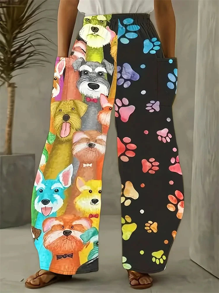Women's Large Size Cartoon Cat Loose Wide-legged Pants Fall And Winter Casual Elastic Waist Pants Home Large Size Women Clothing