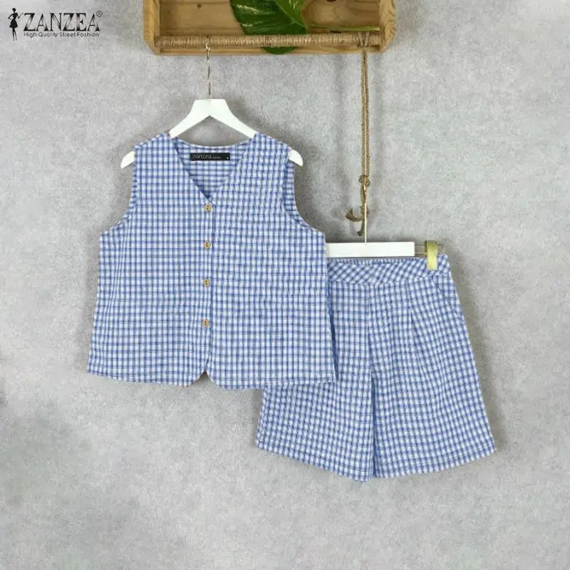 ZANZEA Woman Summer Gingham Short Sets V-Neck Sleeveless Tops & Elastic Waist Shorts 2 Pieces Sets Casual Daily Suits Outfit 3XL