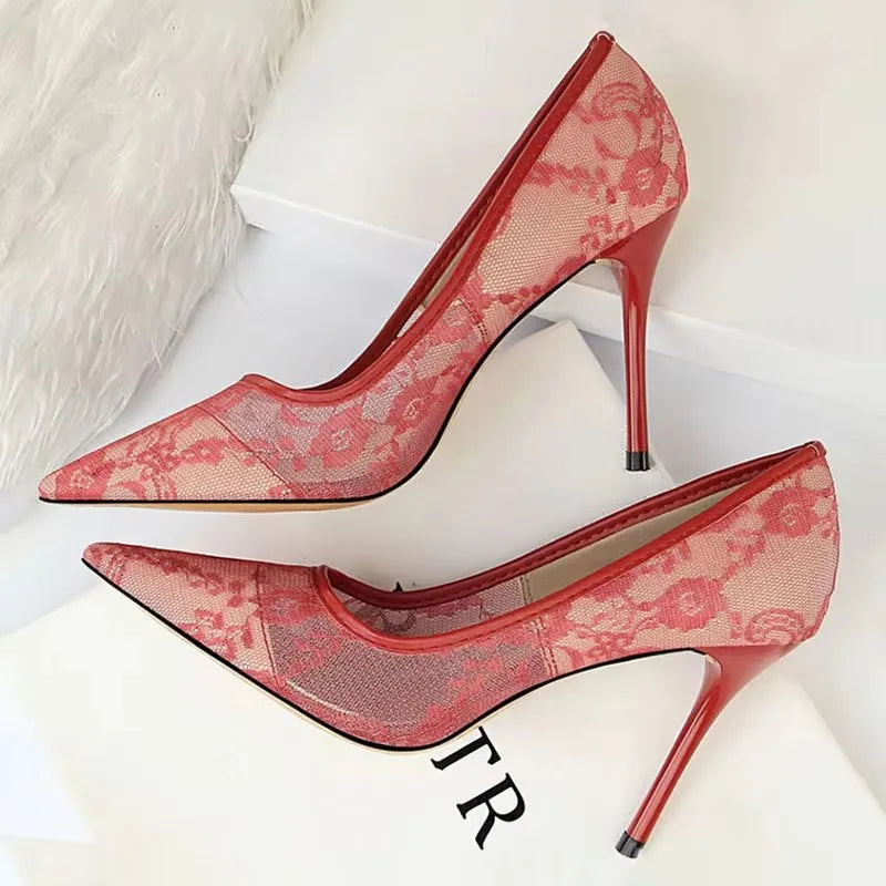 BIGTREE Shoes Mesh Hollow Lace Woman Pumps 2026 Spring Women Heels Sexy Party Shoes Thin Stiletto Heels Women Shoes 6 Colour