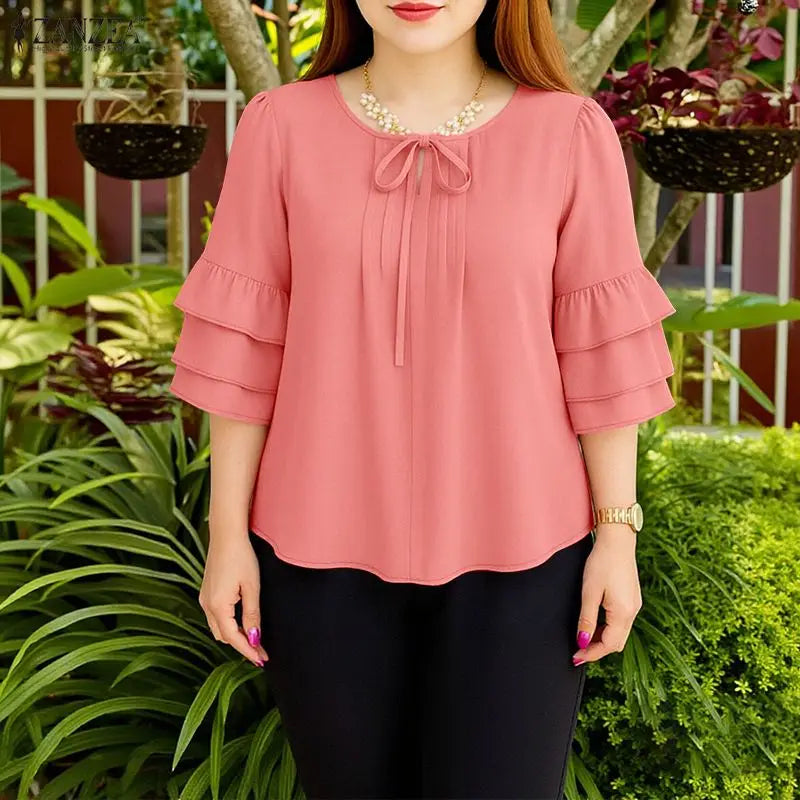 ZANZEA Women's Casual Solid Color Blouses Lace-Up O-Neck Pintuck Layered 3/4 Flared Sleeves Tops Spring Elegant Blusas de Mujer