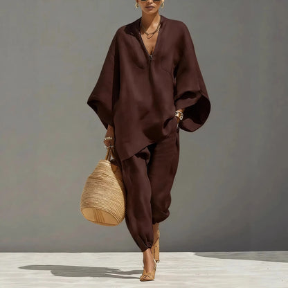 European and American Relaxation Solid Color V-neck Bat Sleeve Loose Top + Bow Leg Casual Pants Holiday Style Elegant Suit