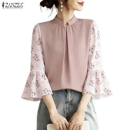 ZANZEA Summer Woman Elegant Blouses Vintage Stand Collar Floral Printed 3/4 Sleeve Pleated Tops Loose Casual Blusas de Mujer