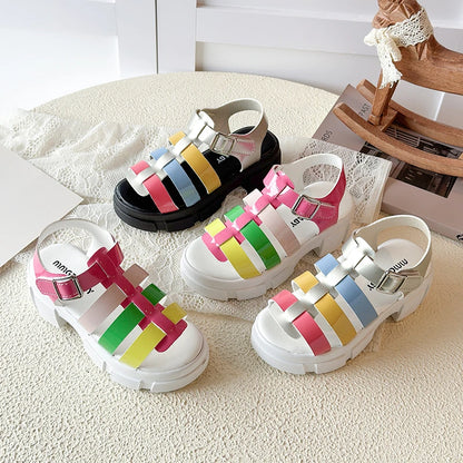 Girls Colorful Woven Platform Sandals Kids Chunky Heel Roman Open Toe Casual Shoes for Toddler Little Kid Fashion Beach Sandals