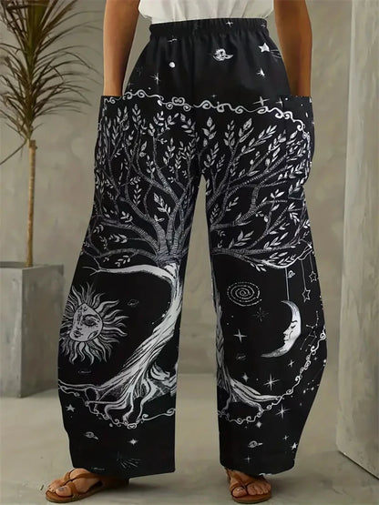 Women's Fashion New Wide-legged Pants Elegant 3d Sun, Moon And Star Printed Pants Women's Street Vintage Pants With Pockets