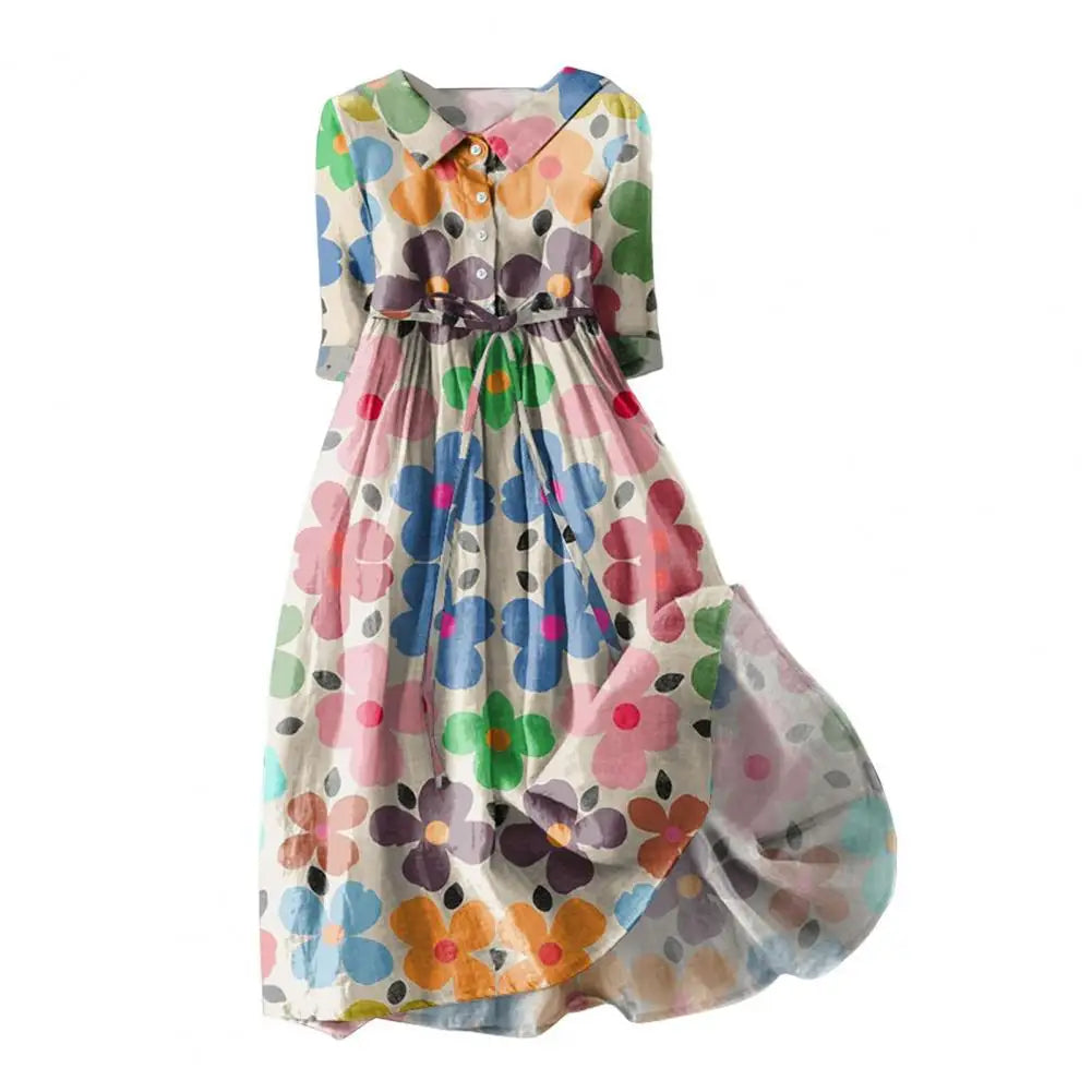 A-line Dress Bohemian Floral Print Midi Dress with Lace-up Detail A-line Silhouette for Women Spring Fashion Statement Women