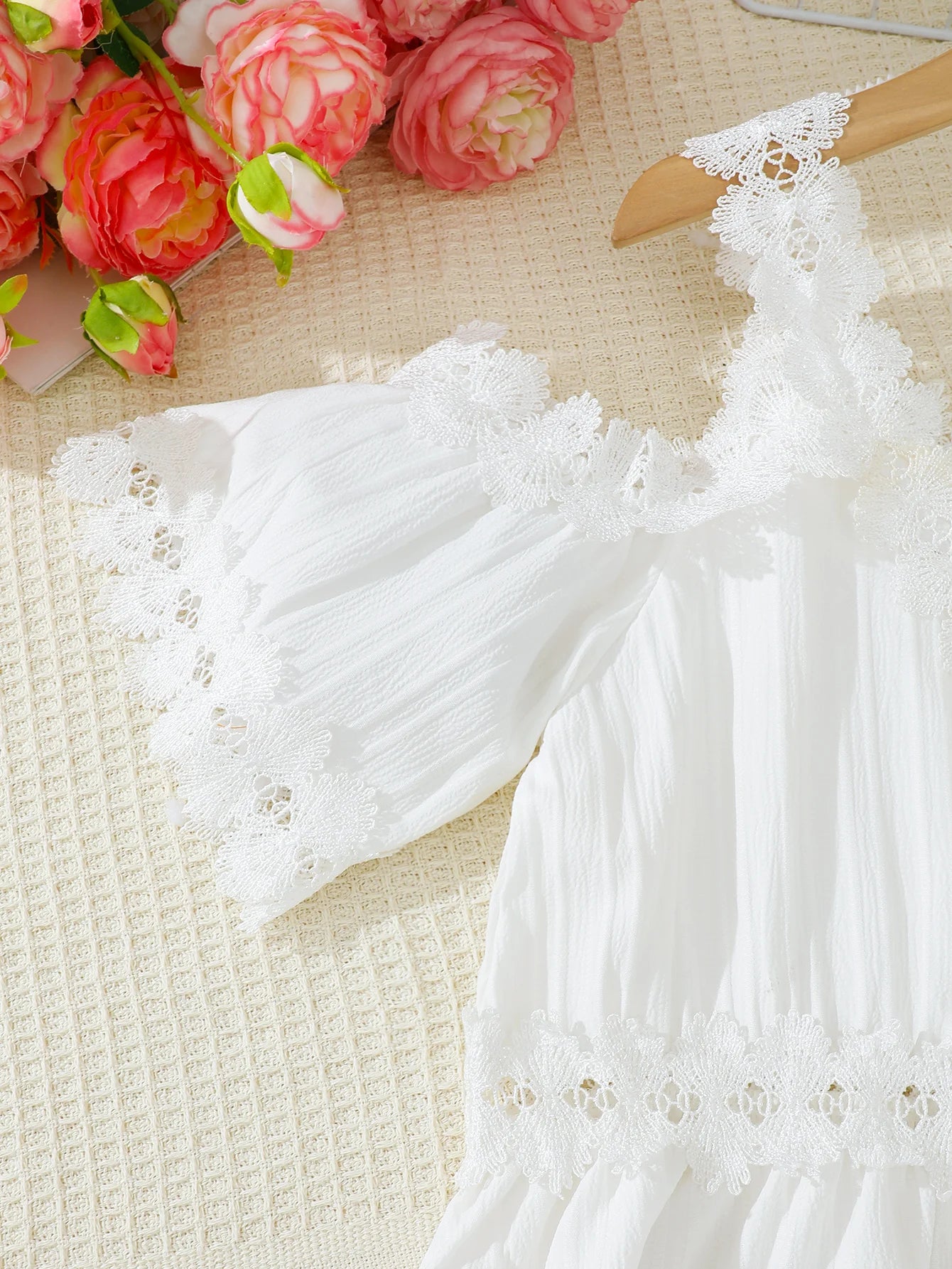 Tween Girls' Lace Trim Fashion Princess Dress Summer Outdoor Beach Vacation Suitable One Piece Children's Clothing