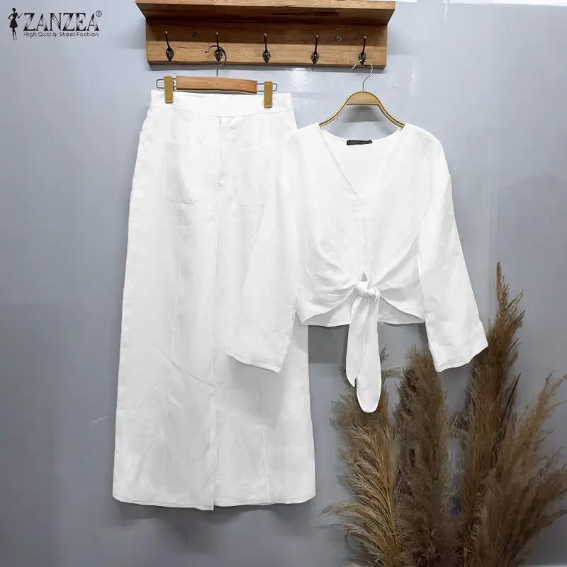 ZANZEA Women's Stylish 2-Piece Sets Long Sleeve V-Neck Tied-Hem Blouse & Wide Leg Pant Matching Sets Minimalist Casual Co-ords