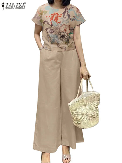 2PCS Women Outfits Summer Pant Sets Short Sleeve Blouse Loose Trousers Suit 2025 ZANZEA Casual Floral Matching Sets Tracksuit