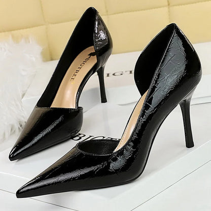 BIGTREE Shoes Women 8 Cm Heels Patent Leather Design Women Pumps Pointed Side Hollow Retro High Heels Stilettos Party Shoes 43