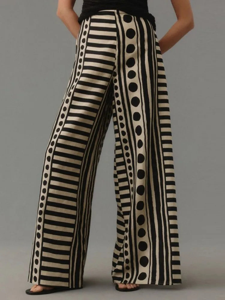 Yeezzi 2026 New Trendy Polka-Dot Striped Printed High Waisted Wide Leg Pants Urban Office Ladies Casual Commute Trousers Bottoms