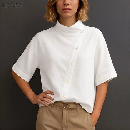 ZANZEA Women's Fashion Diagonal Front Shirts Casual Stand Collar Half Sleeve Button Up Tops Summer Solid Color Chemises Femme