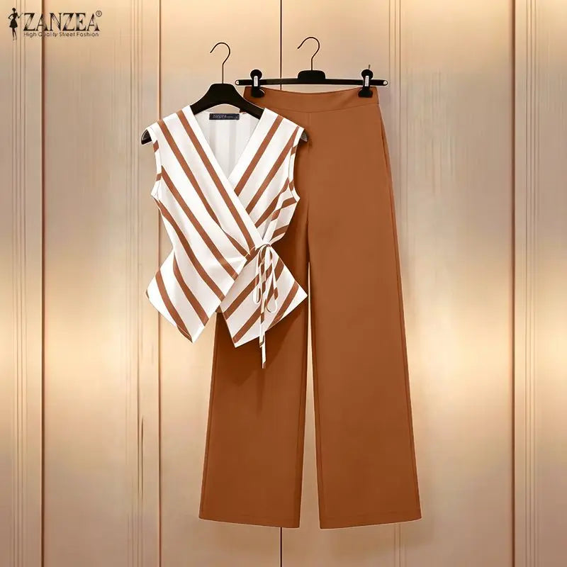 ZANZEA Fashion Summer V Neck Sleeveless Striped Tanks Tops Pants Sets Women Matching Sets Casual OL Work Outfits 2 Pieces Sets