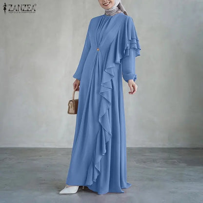 ZANZEA 2026 Women Elegant Long Sleeve Ruffled Dress Muslim Abaya Dress Ramadan Dubai Hijab Sundress IsIamic Robe Kaftan Vestidos