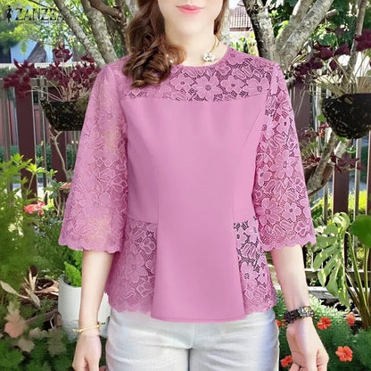 ZANZEA Women's Lace Patchwork Blouses 2026 Summer O-Neck 3/4 Sleeve Solid Color Blusas Casual and Day Elegant Woman Clothes 3XL