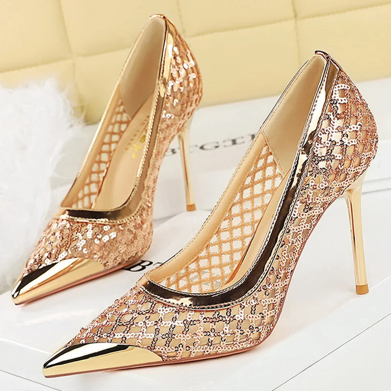 Luxury High Heels Sequin Mesh Women Pumps Metal Pointed Tip Women Heels 9.5 CM Stiletto Fashion Banquet Shoes Sexy Party Shoes