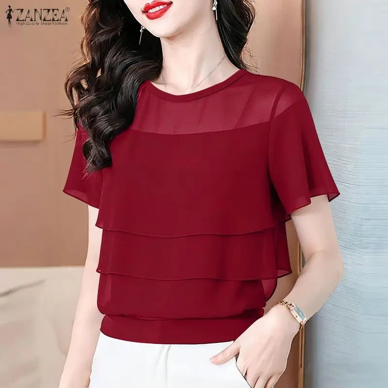 ZANZEA Women's Chiffon Sheer Blouses Elegant O-Neck Short Sleeve Layered Design Pullover Tops Classy Solid Color Blusas de Mujer