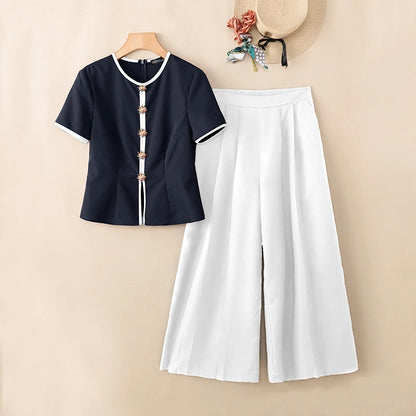 ZANZEA Fashion Summer 2 Pieces Sets Office Outfits 2026 Women Elegant Short Sleeve Blouse Pant Sets Color Blocking Tracksuit