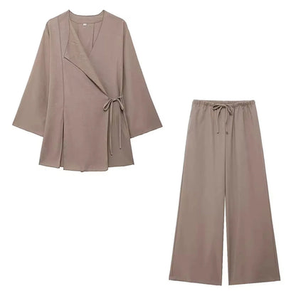 HH 2025 Spring Women Fashion Linen Suits New Solid Cardigan Kimono Top + Versatile Outerwear Female Wide Leg Long Pant