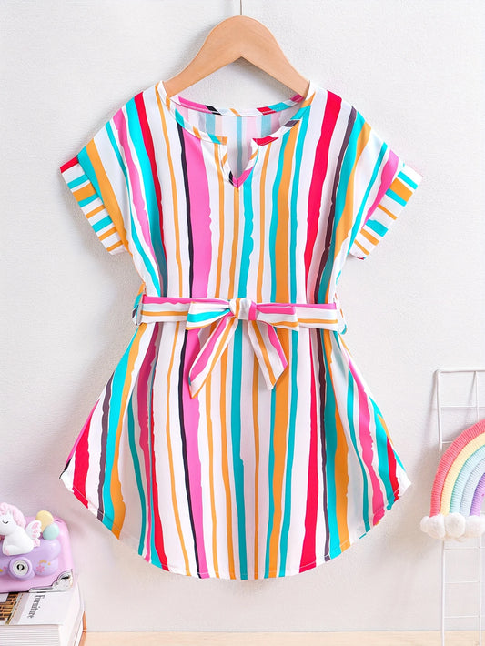Girls' Summer Casual Fashion Sweet Colorful Striped V-Neck Belted Irregular Hem Short-Sleeved Dress