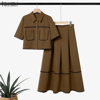 Fashion Summer 2 Pieces Sets ZANZEA Short Sleeve Shirt A Line Skirt Suit Women OL Work Dress Sets 2026 Stylish Patchwork Outfits
