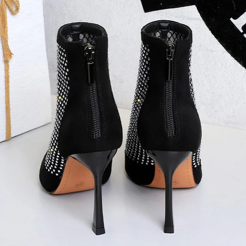 Sexy Mesh Rhinestones Women Boots Net Breathable Boots Stiletto High-Heeled Boots Summer Sandals Boots Rear Zipper High Heels