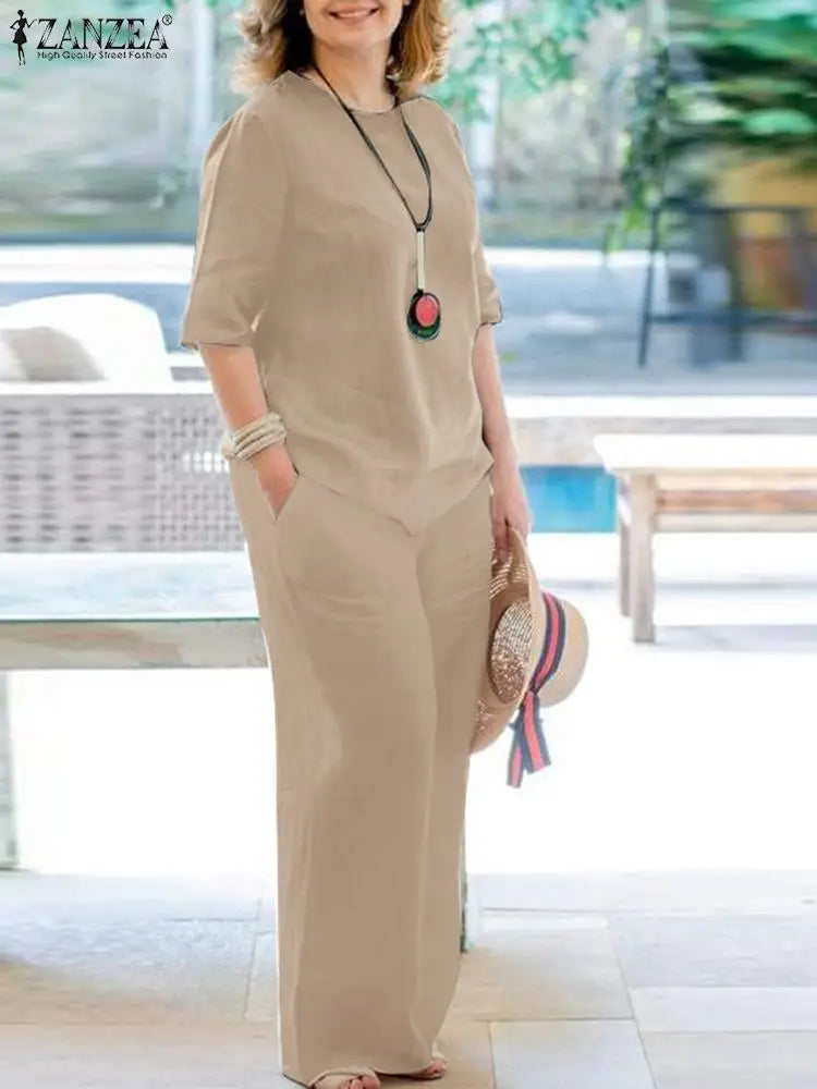 ZANZEA Women 2 -piece Sets Cotton Suit Half Sleeve Blouse & Trousers Causal Pant Sets Fashion Tracksuits Summer Work Outfits