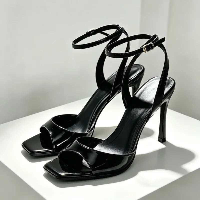 Black Patent Leather Ankle Strap Buckle Heeled Sandals Women Sexy Square Open Toe High Heels Summer Elegant Party Office Shoes