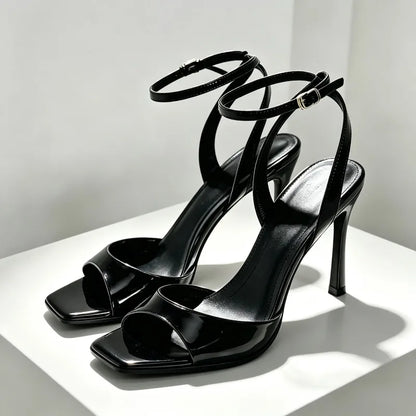 Black Patent Leather Ankle Strap Buckle Heeled Sandals Women Sexy Square Open Toe High Heels Summer Elegant Party Office Shoes