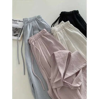 Pop Slimming Effect Korean Style Cotton Linen Casual Pants Women Summer Lazy Versatile Elastic Waist Thin Hanging Straight Leg L