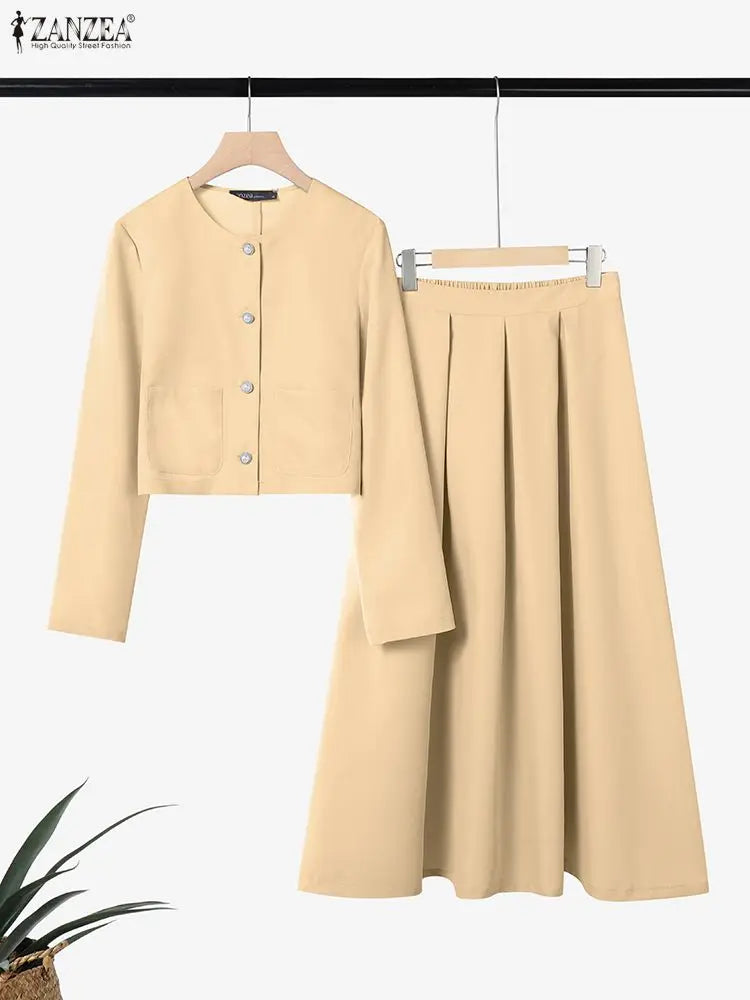 ZANZEA Fashion Women 2 Piece Sets Spring Autumn Office Outfits 2026 Elegant Long Sleeve Blouse Dress Suit Solid A Line Skirt Set