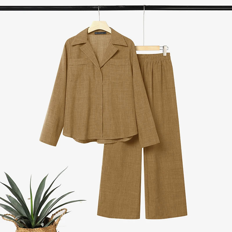 ZANZEA Women Casual Pant Sets Lapel Neck Long Sleeve Blouse & Elastic Waist Pants 2pcs Matching Sets Autumn OL Work Solid Co-ord