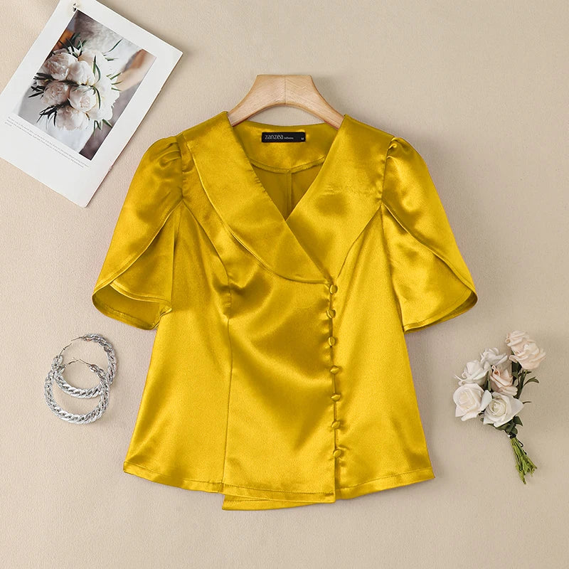 ZANZEA Woman Elegant Satin Shirts Summer Lapel Collar Asymmetric Placket Short Petal Sleeve Tops Vintage Party Chemises Femme
