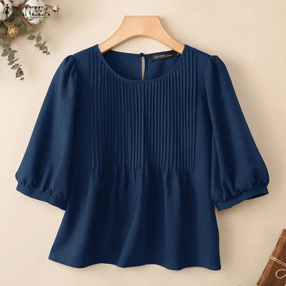 ZANZEA 2026 Woman Pintuck Blouses Casual Round Neck Half Puff Sleeve Solid Color Tops Summer Daily Commute Work Blusas Mujer