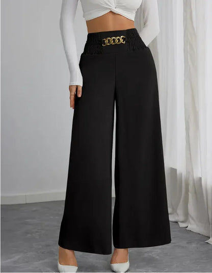 New Women's Trousers Thin High Waist Chain Elastic Waist Khaki Elegant Office Black Casual Wide-leg Pants for Female