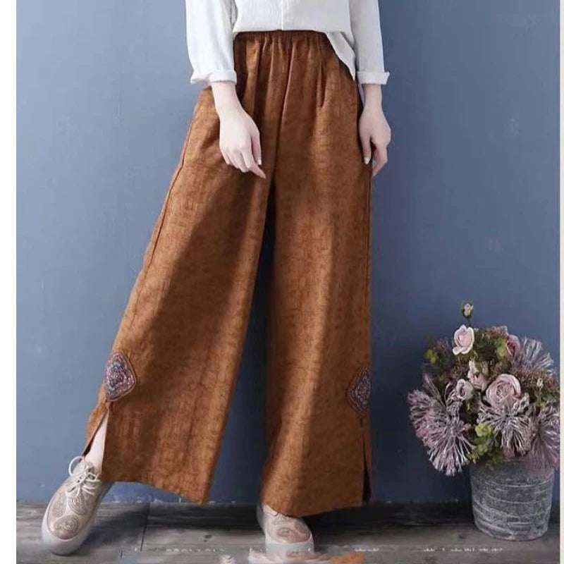 High Waist Straight Leg Cotton Linen Patchwork Embroidered Wide Leg Pants Spring Summer Casual High Waist Long Trousers