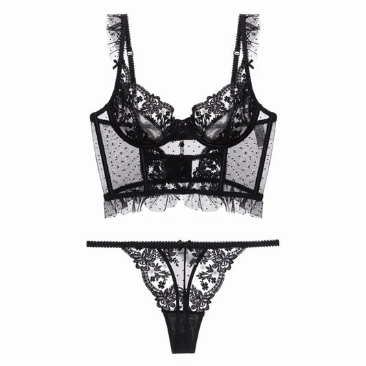 Women Lingerie Set Thin Underwear 2 Piece Bodysuit Underwire Lace Transparent Bra Panty Sets for Bridal Gift Wedding Sleepwear