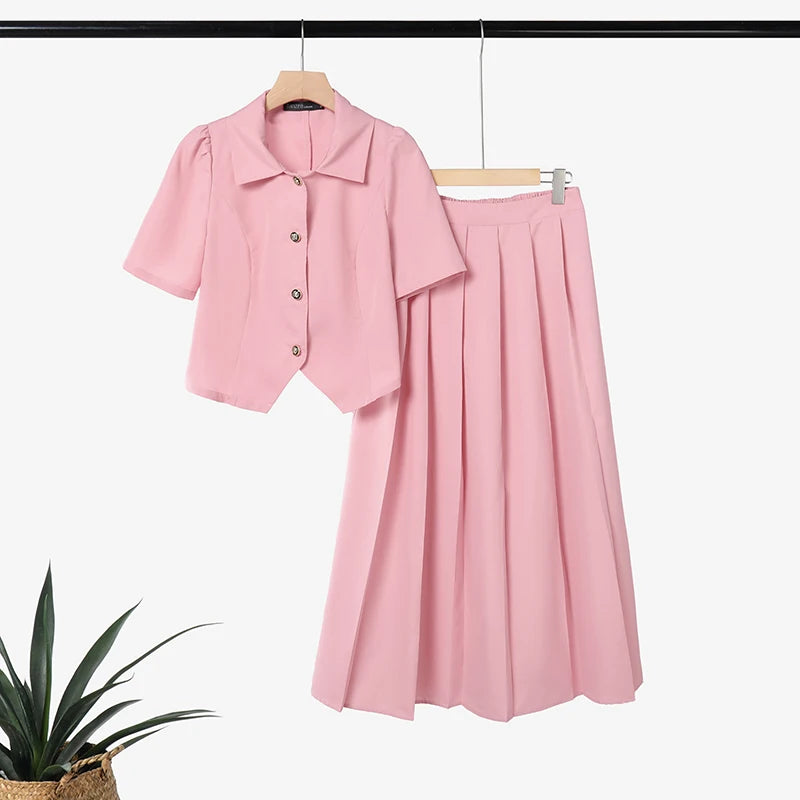 ZANZEA Women's Elegant Skirt Suits Collared Short Sleeve Shirt & Pleated Maxi Skirt 2 Pieces Sets Korean Fashion Party Outfits