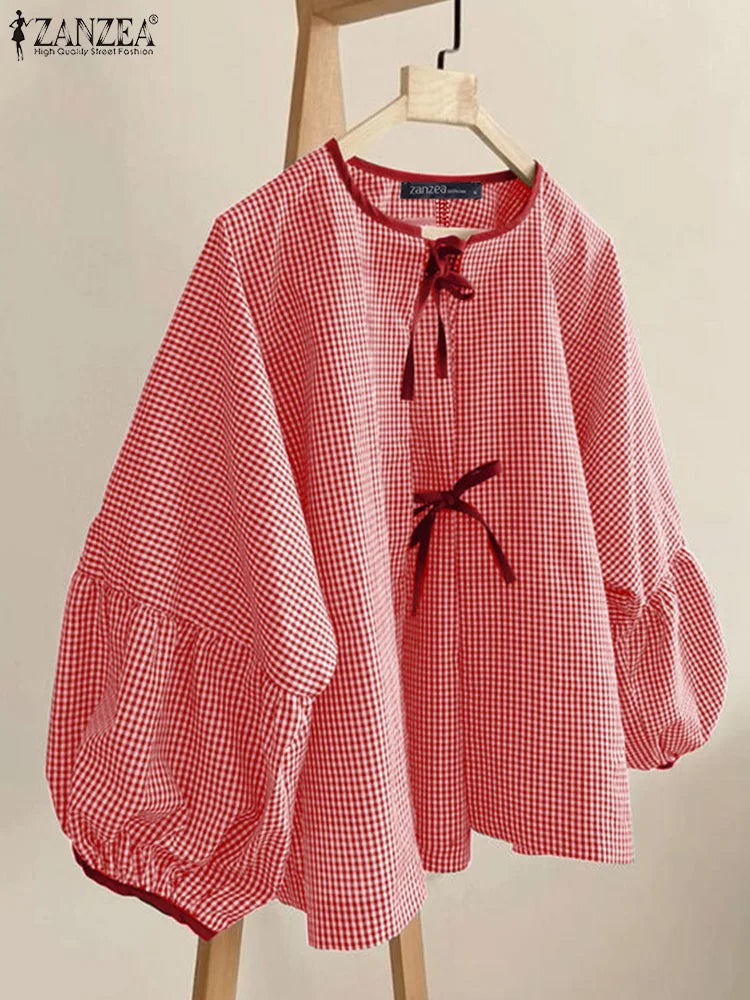 ZANZEA Women Plaid Printed Blouse Fashion Lace Up Shirts Holiday Sweety O-neck Long Sleeve Tops Casual Autumn 2024 Bowtie Tunics