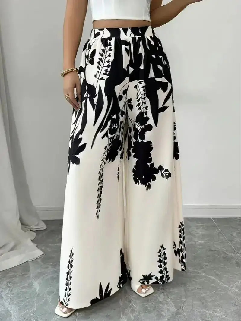 Women's Tropical Print Wide-Leg Pants, Elastic Waist Design, Slim Fit for Casual Vacation Wear