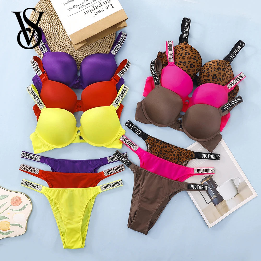 Victoria Secret Sexy Women Underwear Very Sexy Logo Shine Strap Push Up Bra Shine Script Thong Panty Set Hot