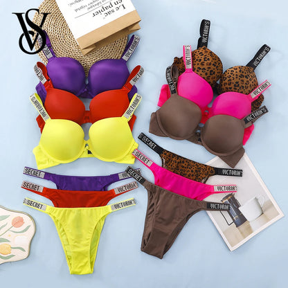 Victoria Secret Sexy Women Underwear Very Sexy Logo Shine Strap Push Up Bra Shine Script Thong Panty Set Hot