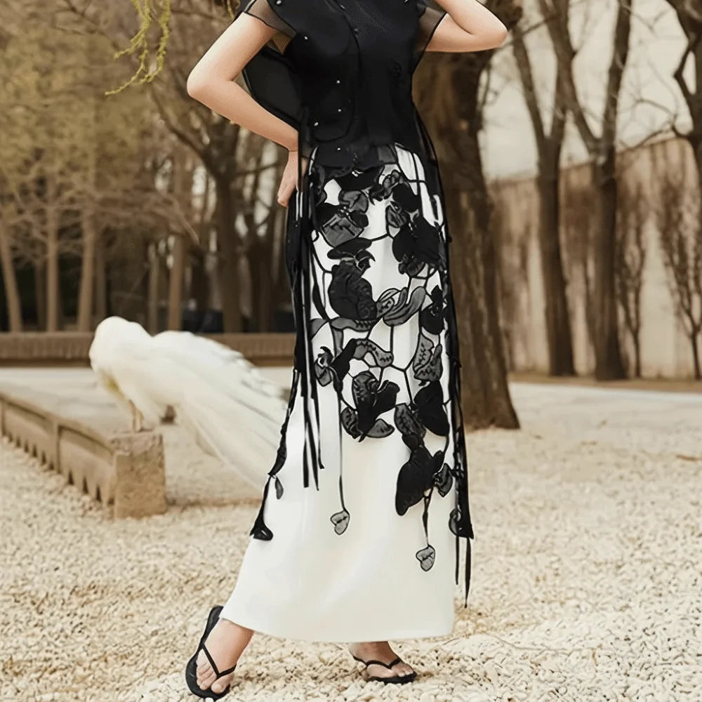 High Waist Lace Midi Skirt Hollow Flower Tassels Embroidered Flower Lace Girdle Belt Harajuku See Through Lace Drawstring Skirt