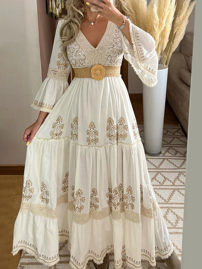 Mesh Lace Spliced Elegant Women Casual Dress Crew Neck Long Bell Sleeve Slim Vintage Boho Dress Vacation Maxi Dresses Vestidos