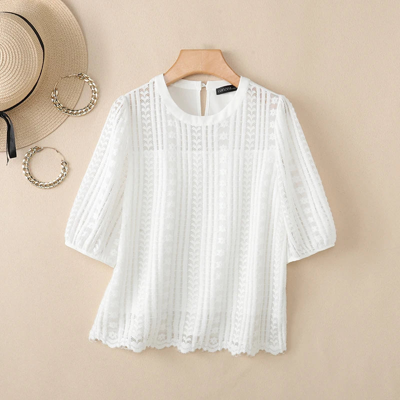ZANZEA Womens Openwork Lace Blouses Elegant Half Puff Sleeve Solid Color O-Neck Tops 2026 Summer Casual Commute Blusas de Mujer