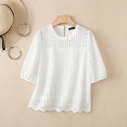ZANZEA Womens Openwork Lace Blouses Elegant Half Puff Sleeve Solid Color O-Neck Tops 2026 Summer Casual Commute Blusas de Mujer