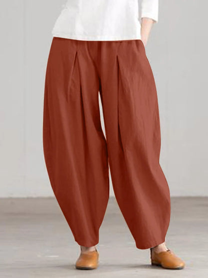 ZANZEA Summer Elastic Waist Solid Trousers Women Casual Baggy Pants Elegant Loose Wide Leg Pantalon Vintage Cotton Turnip 2024
