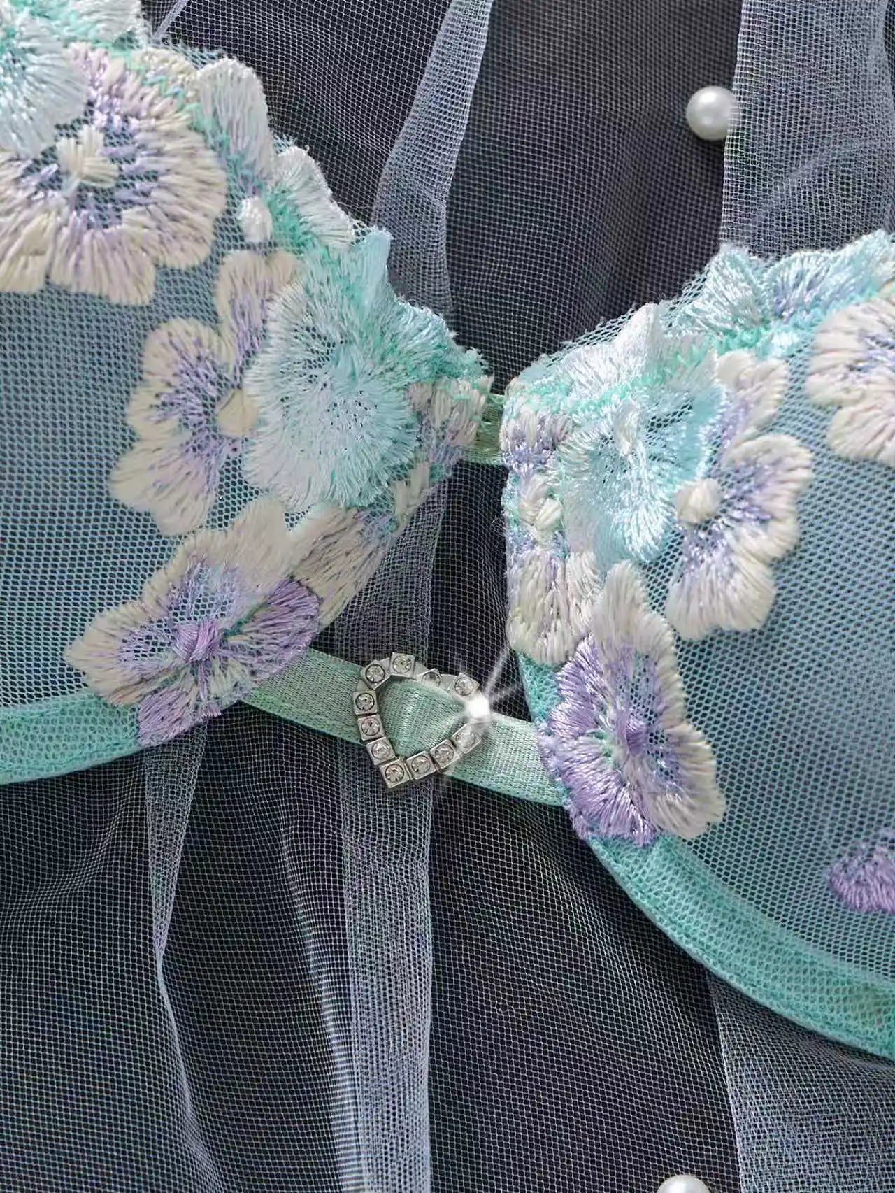 Women Sexy Lingerie Set Mint Green Floral Embroidery Lace Sheer Mesh Bra Thong Set Contrast Bow French 2‑Piece Underwear Suit