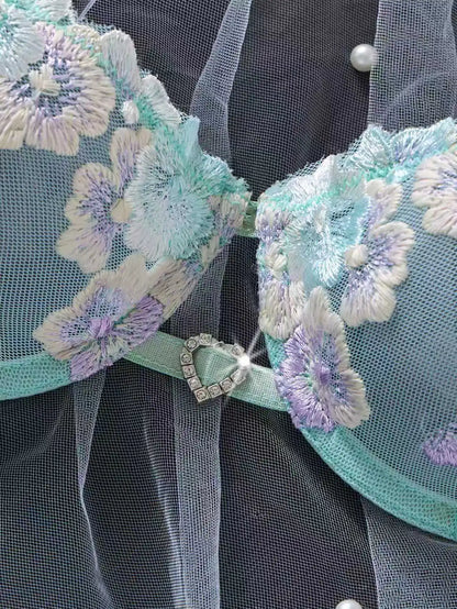 Women Sexy Lingerie Set Mint Green Floral Embroidery Lace Sheer Mesh Bra Thong Set Contrast Bow French 2‑Piece Underwear Suit