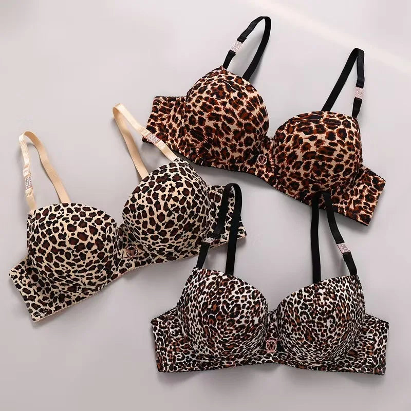 Sexy Thick Lingerie Set Leopard Print Upper Thin Lower Thick Bra Set  Sexy Push-Up Bra Set